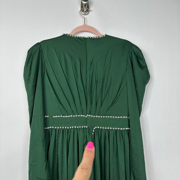 FLAW - Mac Duggal Satin Puff Shoulder Rhinestone Encrusted Dress Emerald 8 #9845 - Picture 9 of 12